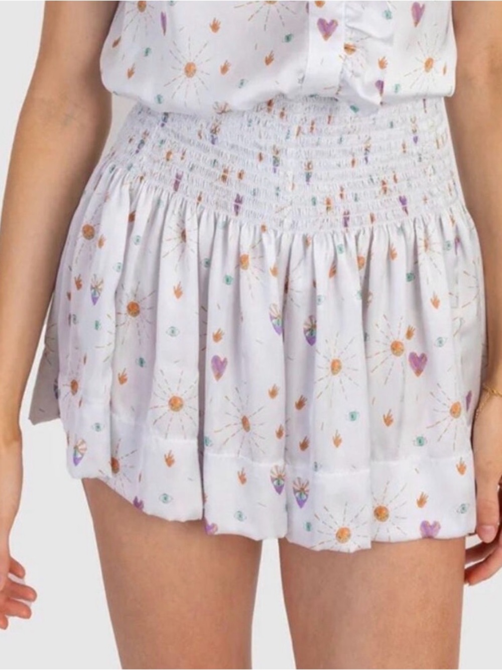 Koch Erica Satin Smocked Watercolor Hearts Sun Shorts Erica Mini Skirt SMALL